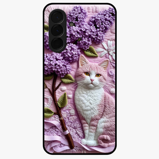 Lavender Cat Whimsy Glass Case showing flat back view with cute lavender cat artwork and glossy glass finish.