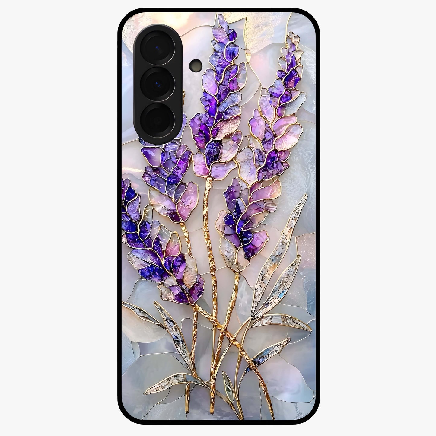 Lavender Dream Glow Glass Case showing flat back view with glowing lavender aesthetic artwork and glossy glass finish.