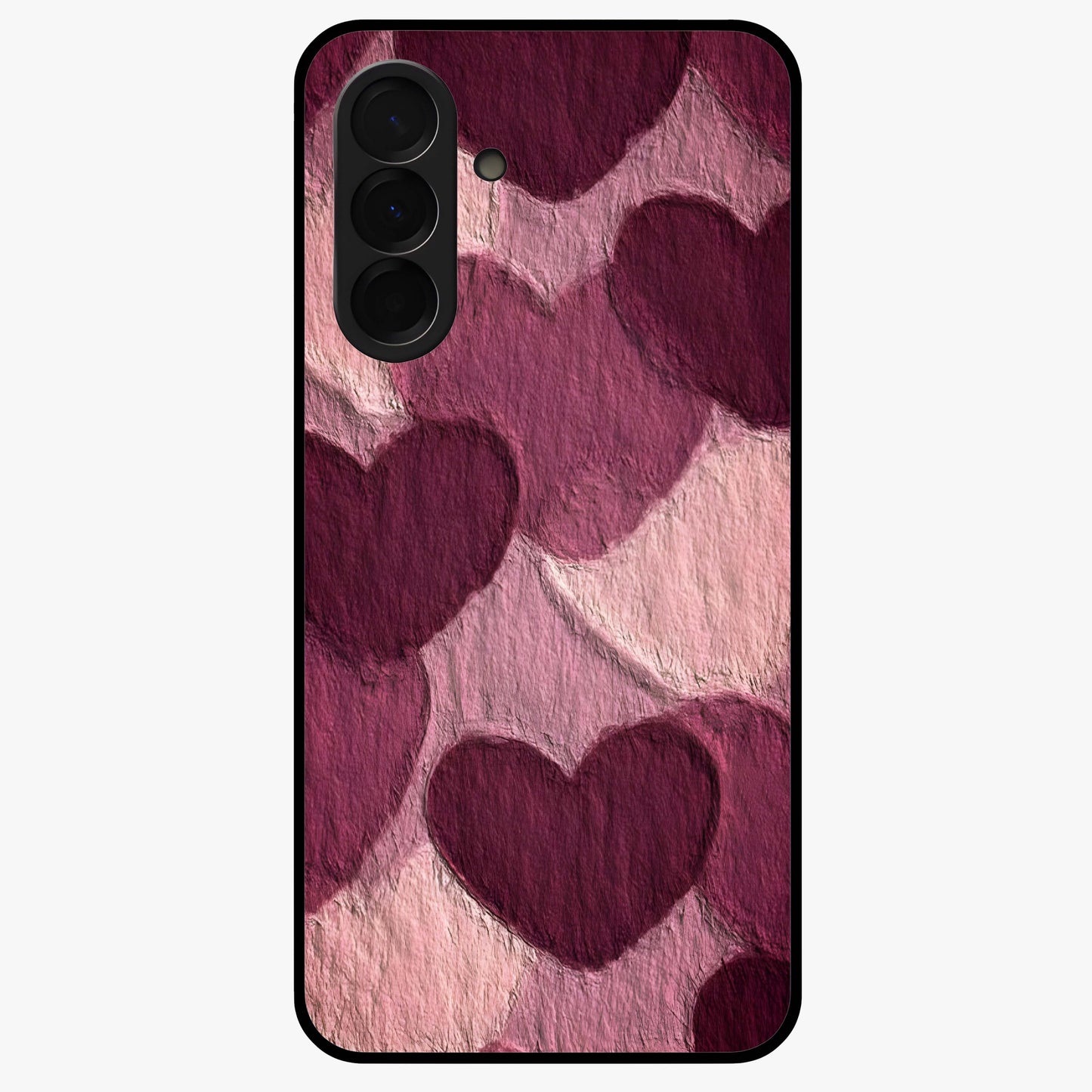 Layered Paper Hearts Glass Case showing flat back view with layered paper heart artwork and glossy glass finish.