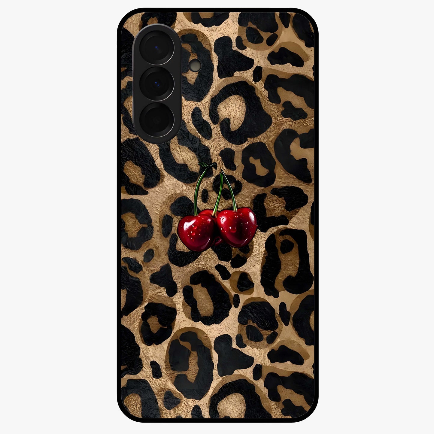 Leopard Wild Cherry Glass Case showing flat back view with leopard pattern and cherry artwork and glossy glass finish.