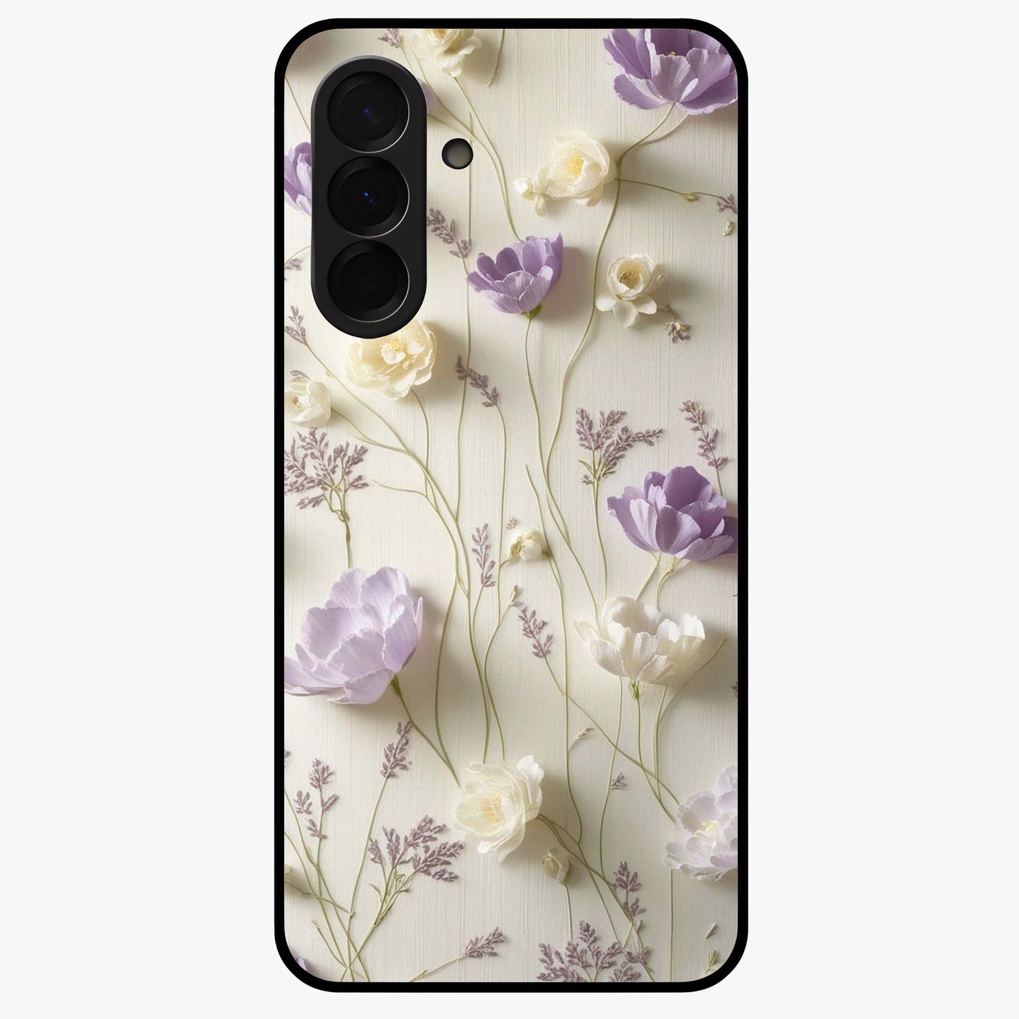 Lilac Breeze Harmony Glass Case showing flat back view with soft lilac themed artwork and glossy glass finish.