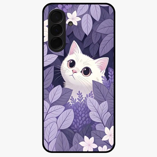Lilac Hide Peek Cat Glass Case showing flat back view with cute peeking cat artwork and glossy glass finish.
