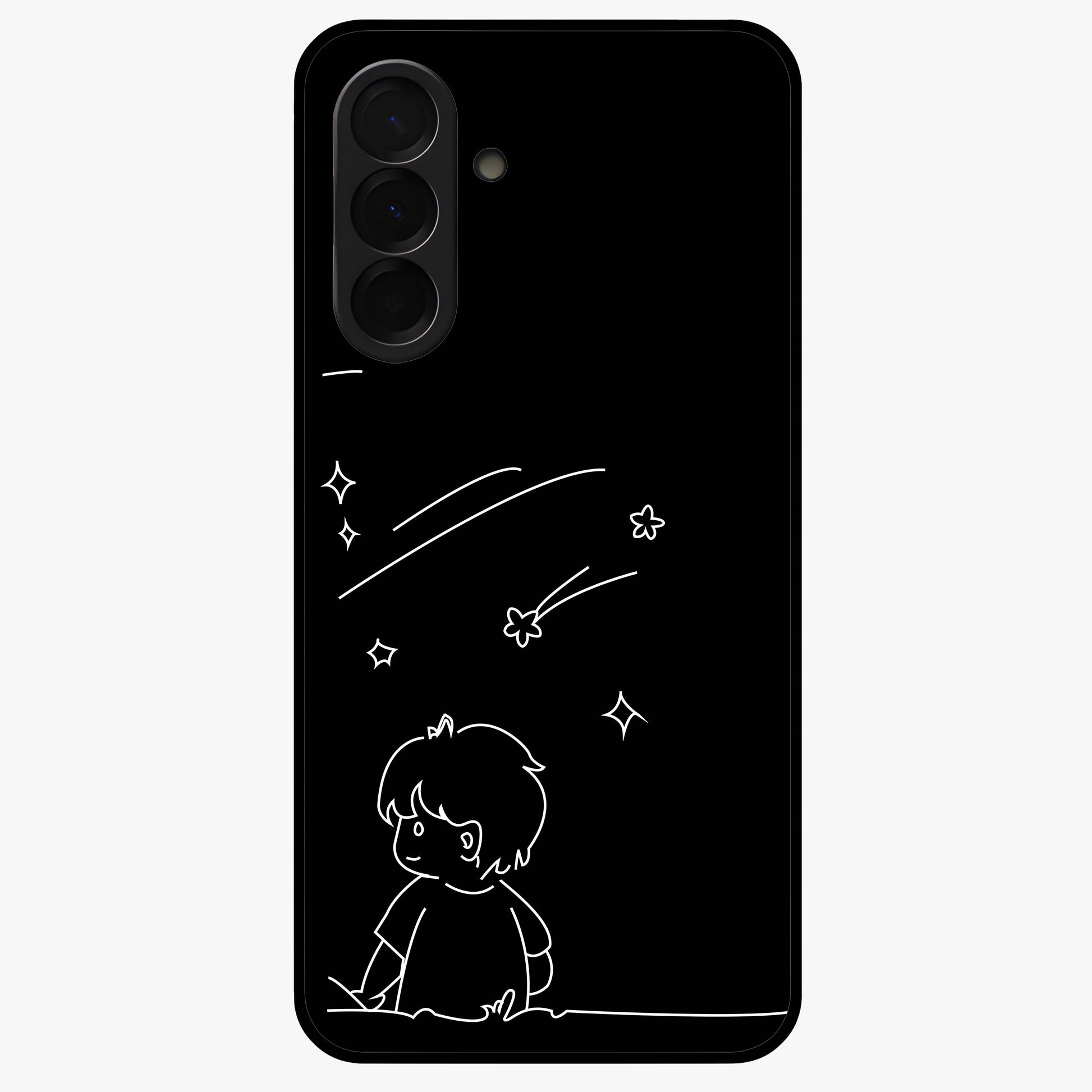 Line Art Boy With Shooting Stars Glass Case showing flat back view with minimal line art boy and shooting stars illustration and glossy glass finish.