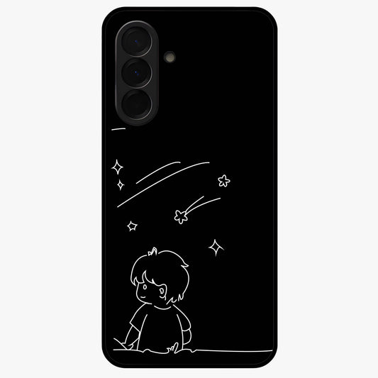Line Art Boy With Shooting Stars Glass Case showing flat back view with minimal line art boy and shooting stars illustration and glossy glass finish.