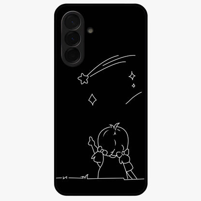 Line Art Girl With Shooting Stars Glass Case showing flat back view with minimal line art girl and shooting stars illustration and glossy glass finish.