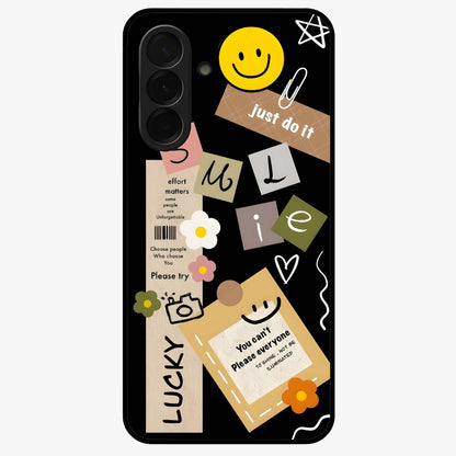 Lucky Aesthetic Collage Glass Case showing flat back view with trendy aesthetic collage artwork and glossy glass finish.