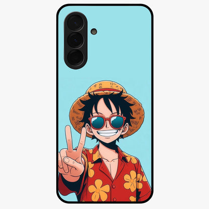 Luffy Summer Anime Vibe Glass Case showing flat back view with vibrant anime character artwork and glossy glass finish.