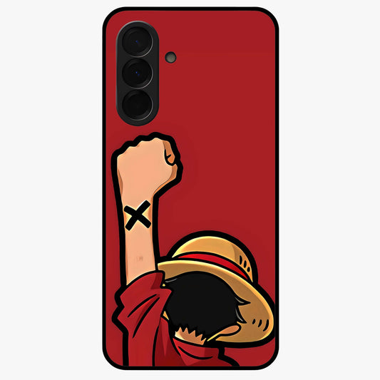 Luffy X Spirit Glass Case showing flat back view with bold anime character artwork and glossy glass finish.