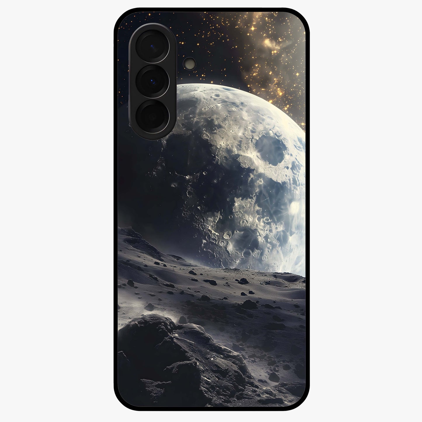 Lunar Horizon Glow Glass Case showing flat back view with glowing moon horizon artwork and glossy glass finish.