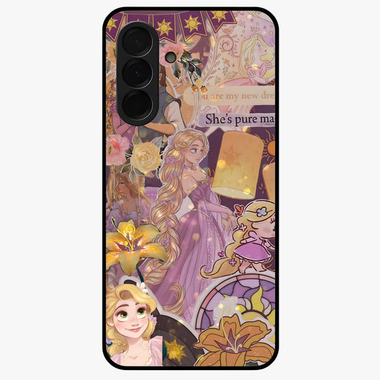 Magical Tangled Dream Glass Case showing flat back view with dreamy tangled artwork and glossy glass finish.