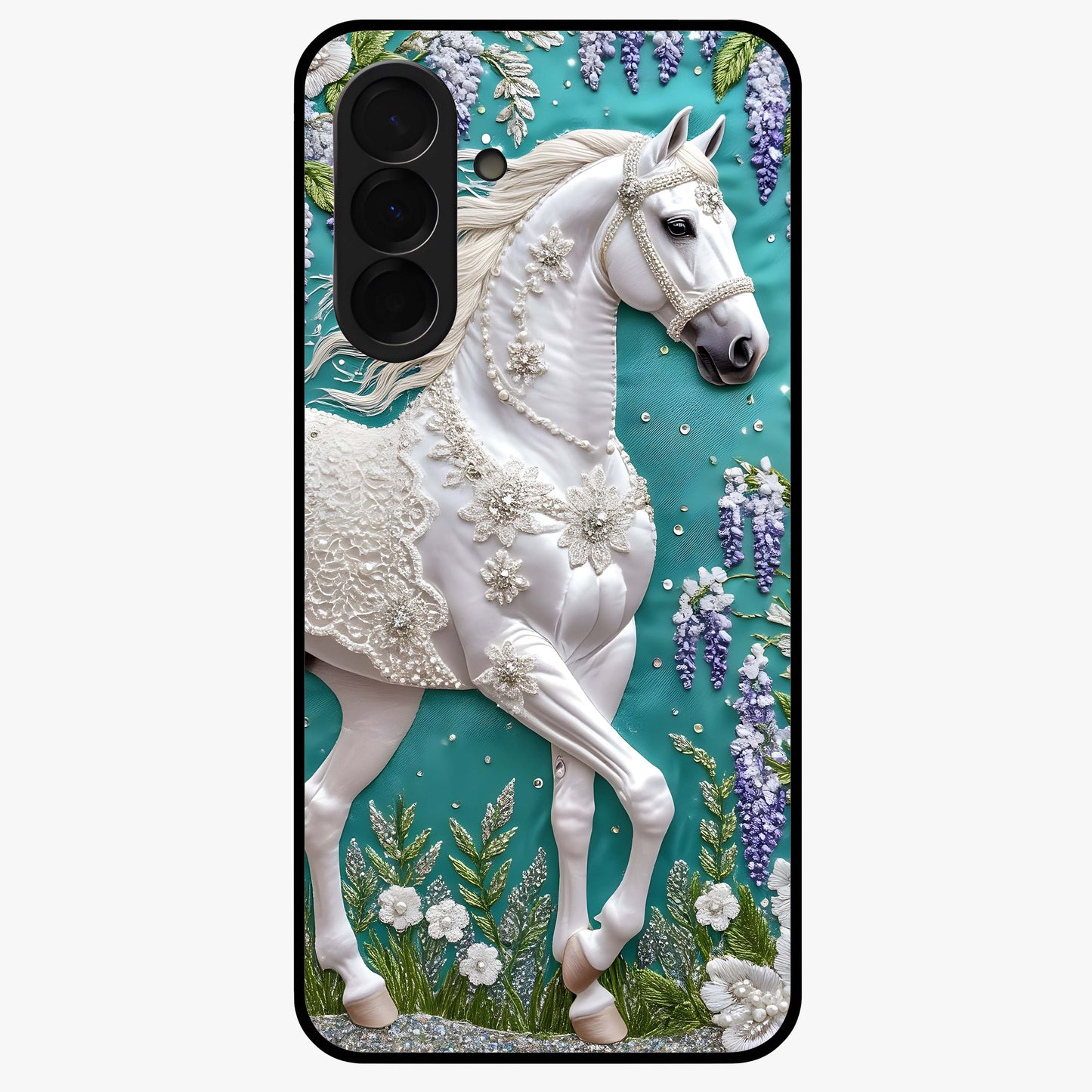 Majestic Floral Stallion Glass Case showing flat back view with powerful horse and floral artwork and glossy glass finish.