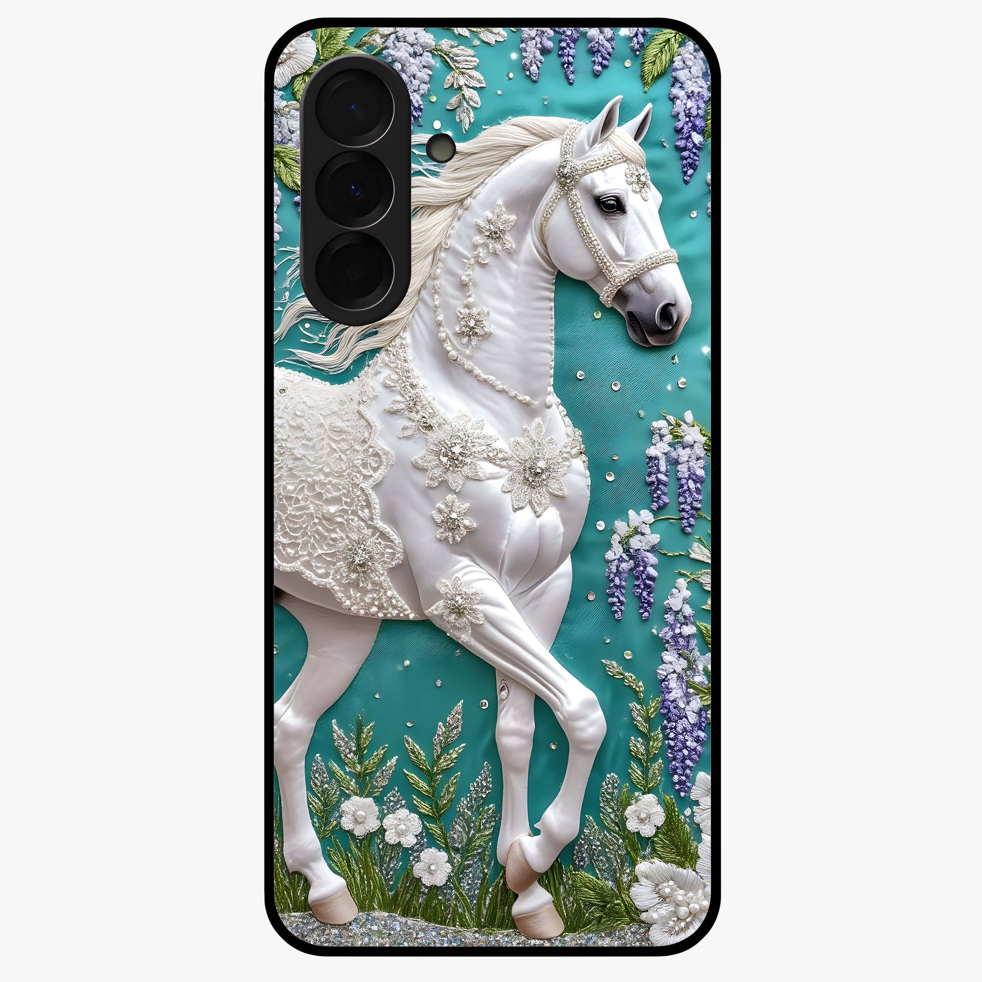 Majestic Floral Stallion Glass Case showing flat back view with powerful horse and floral artwork and glossy glass finish.