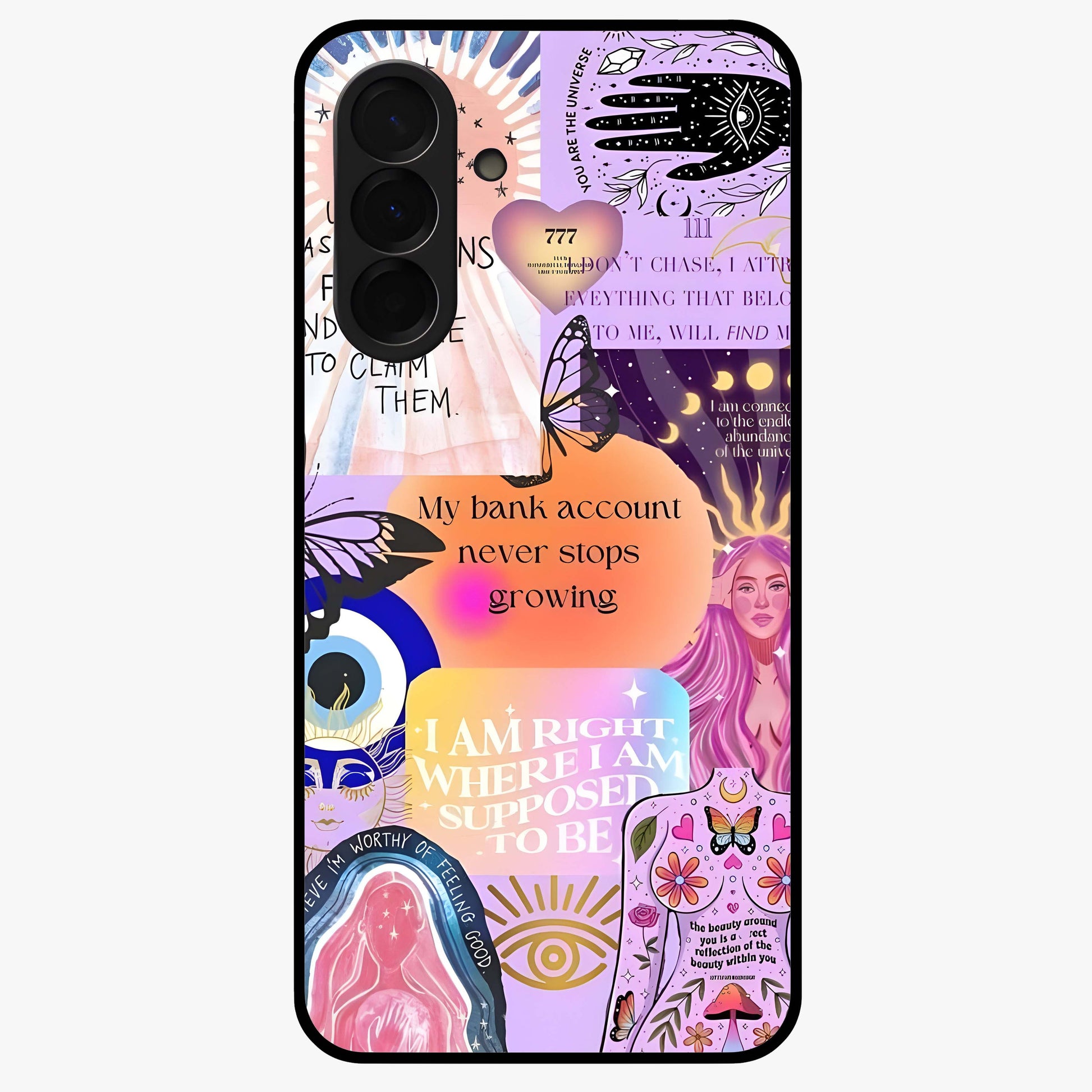 Manifestation Collage Glass Case showing flat back view with motivational collage artwork and glossy glass finish.