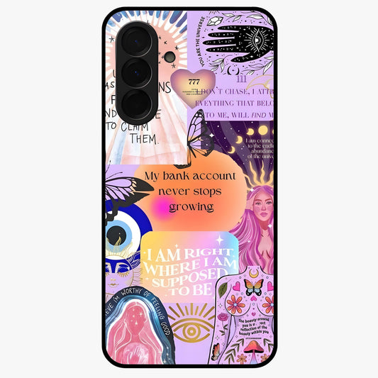 Manifestation Collage Glass Case showing flat back view with motivational collage artwork and glossy glass finish.