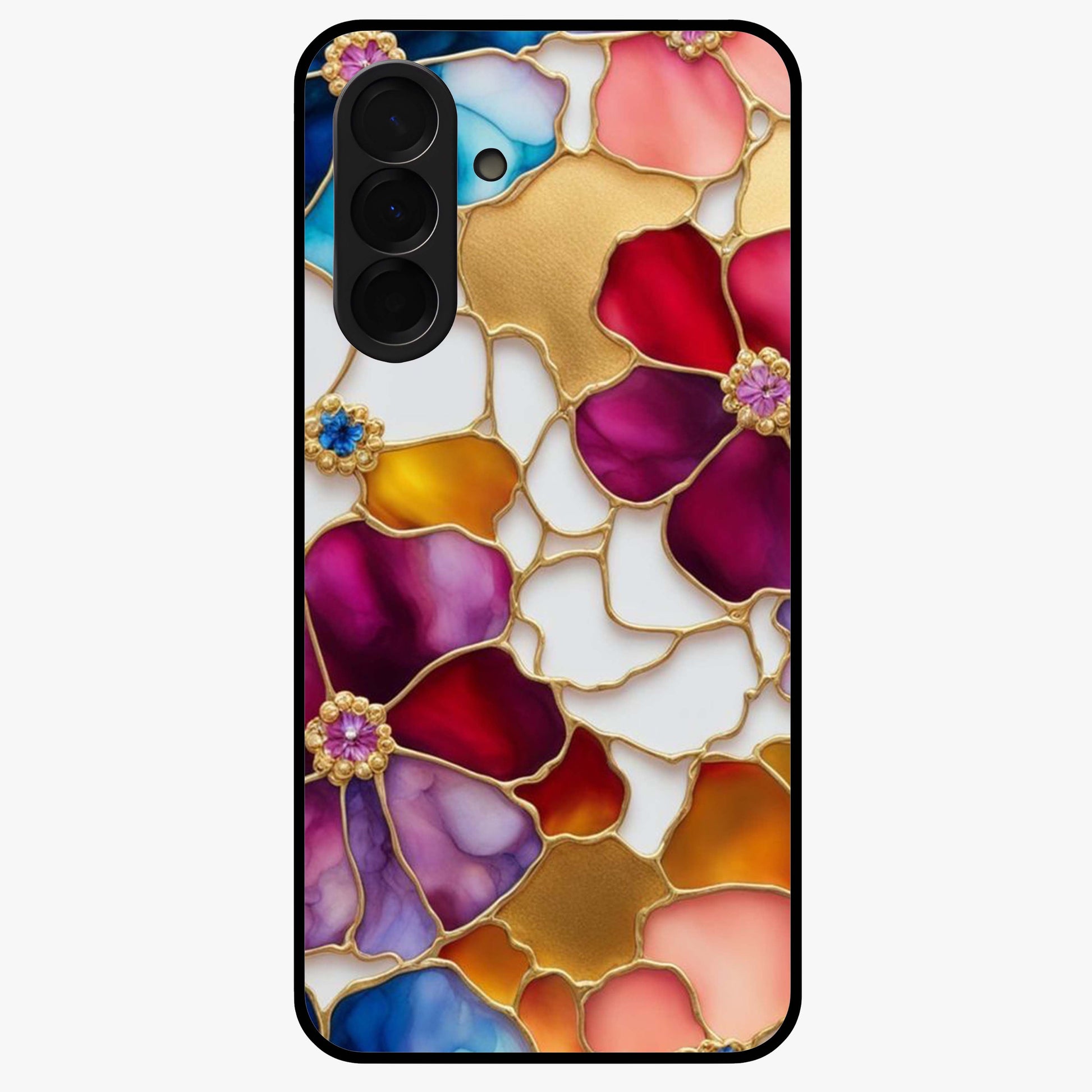 Marble Flower Pattern Glass Case showing flat back view with marble texture floral artwork and glossy glass finish.