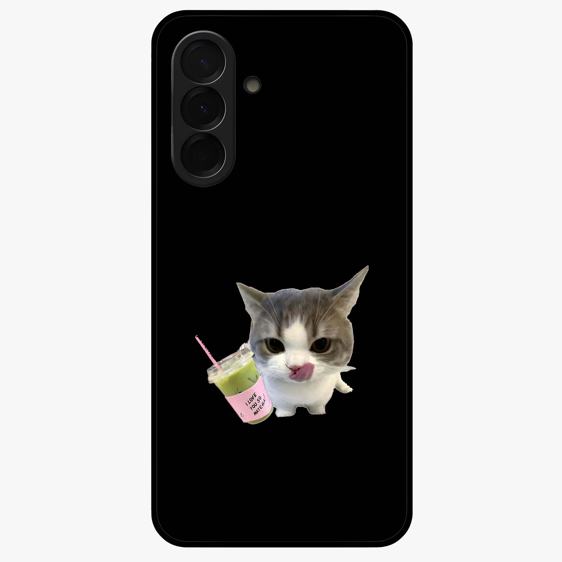 Matcha Cat Style Glass Case showing flat back view with cute matcha themed cat artwork and glossy glass finish.