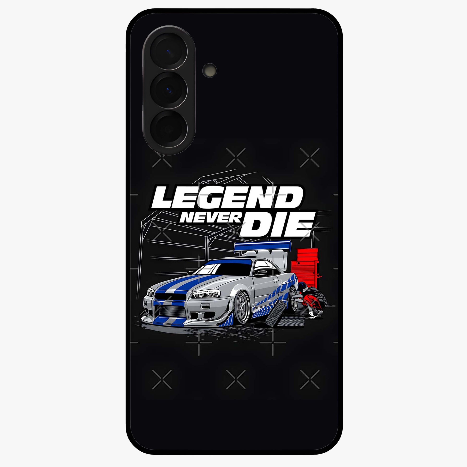 Midnight Racing Legacy Glass Case showing flat back view with sleek racing inspired artwork and glossy glass finish.
