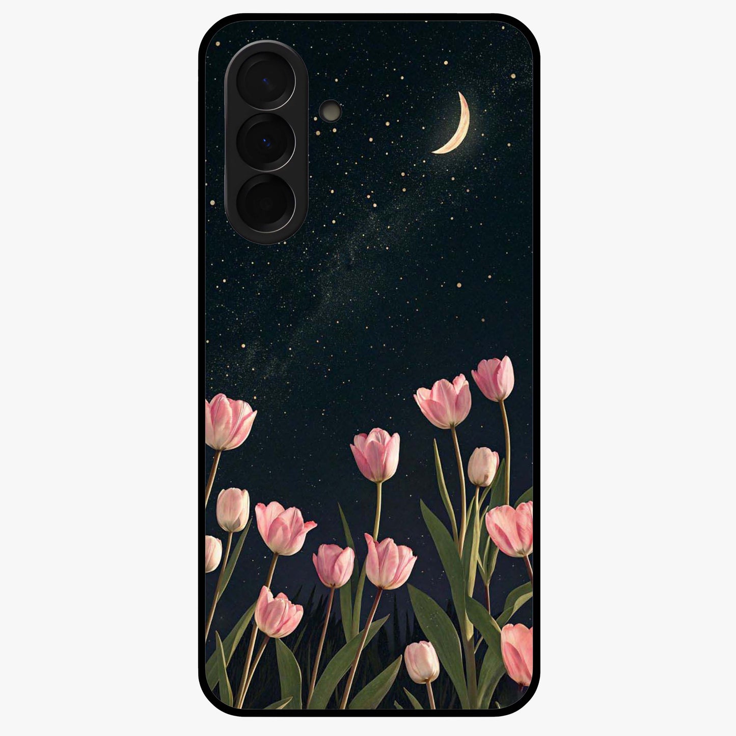 Midnight Tulip Whispers Vibe Glass Case showing flat back view with elegant tulip flower artwork and glossy glass finish.