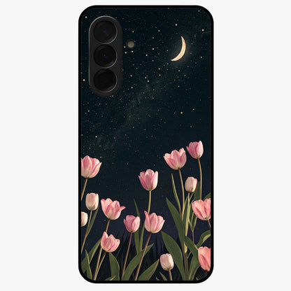 Midnight Tulip Whispers Vibe Glass Case showing flat back view with elegant tulip flower artwork and glossy glass finish.