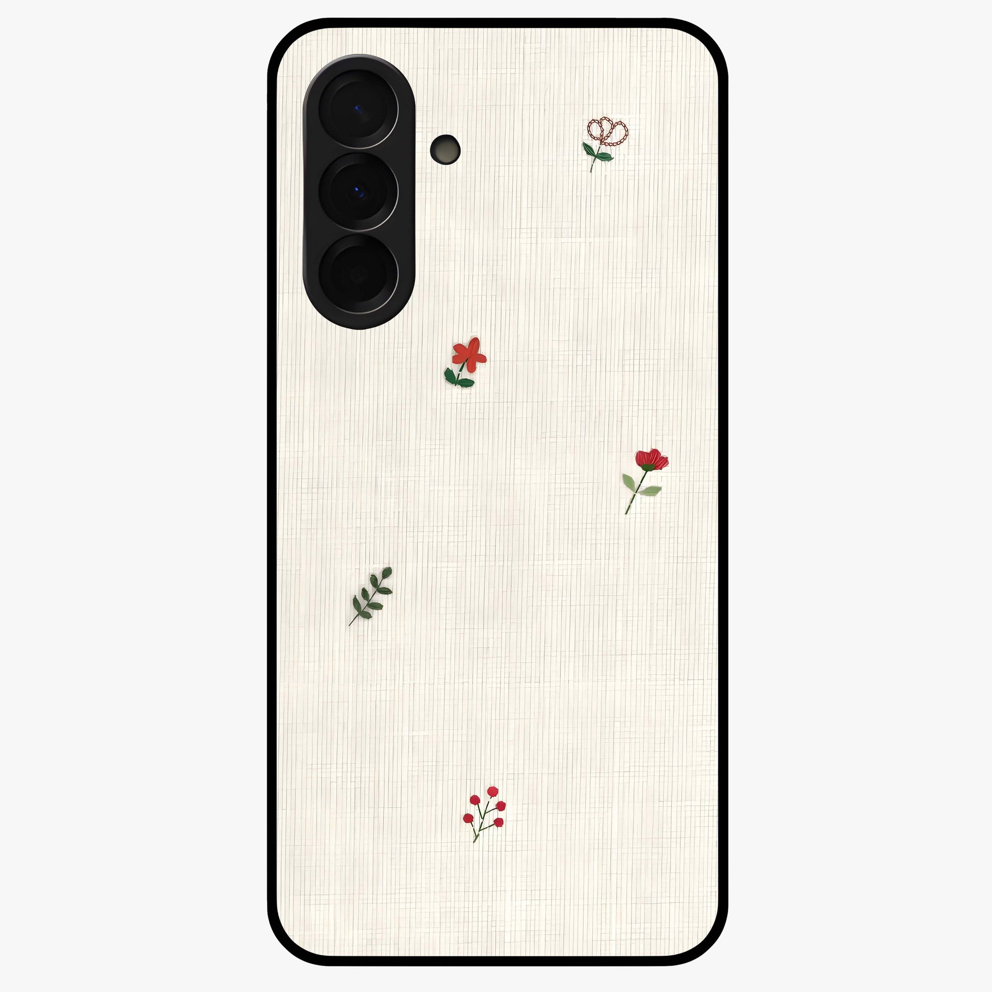 Minimal Petal Whispers Glass Case showing flat back view with soft minimal floral artwork and glossy glass finish.