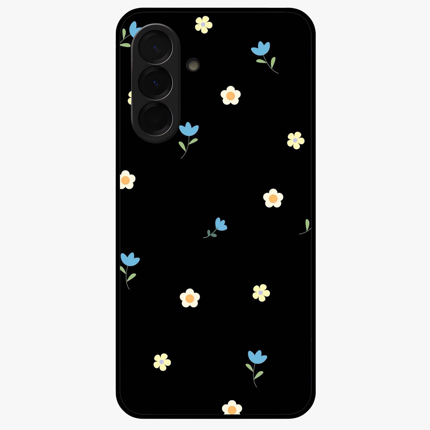Minimalistic Blue With White Flower Pattern Glass Case showing flat back view with blue background and white flower pattern and glossy glass finish.