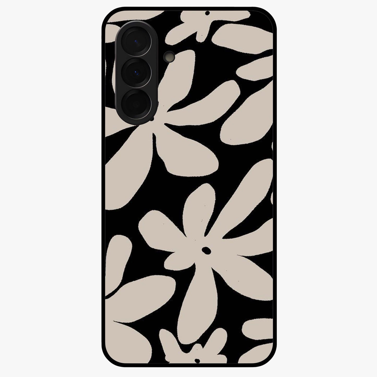 Monochrome Petal Dance Glass Case showing flat back view with monochrome floral artwork and glossy glass finish.