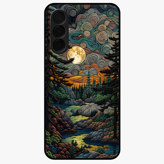 Moonlight Forest Dream Glass Case showing flat back view with mystical forest moonlight artwork and glossy glass finish.