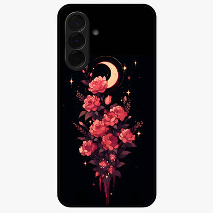Moonlit Floral Elegance Glass Case showing flat back view with elegant floral artwork under moonlit tones and glossy glass finish.