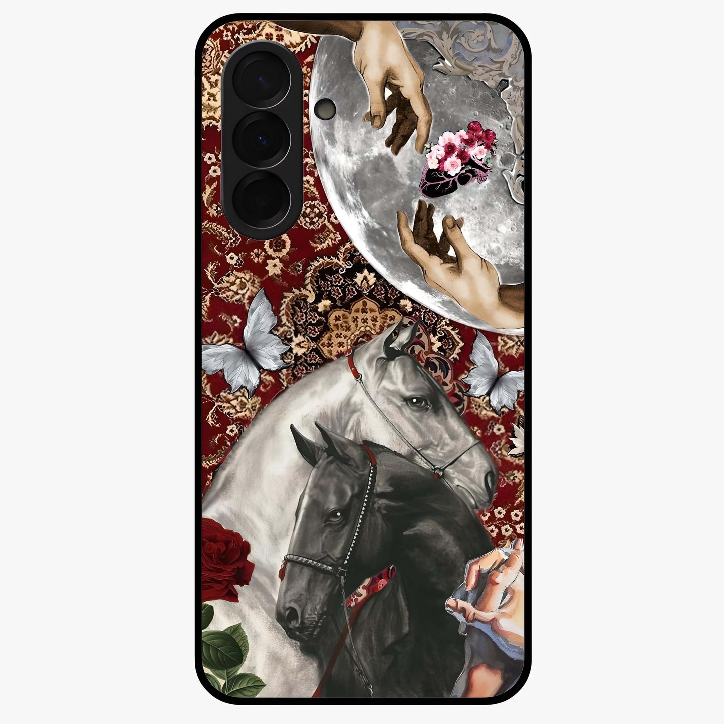 Moonlit Royal Stallion Glass Case showing flat back view with majestic horse under moonlight artwork and glossy glass finish.