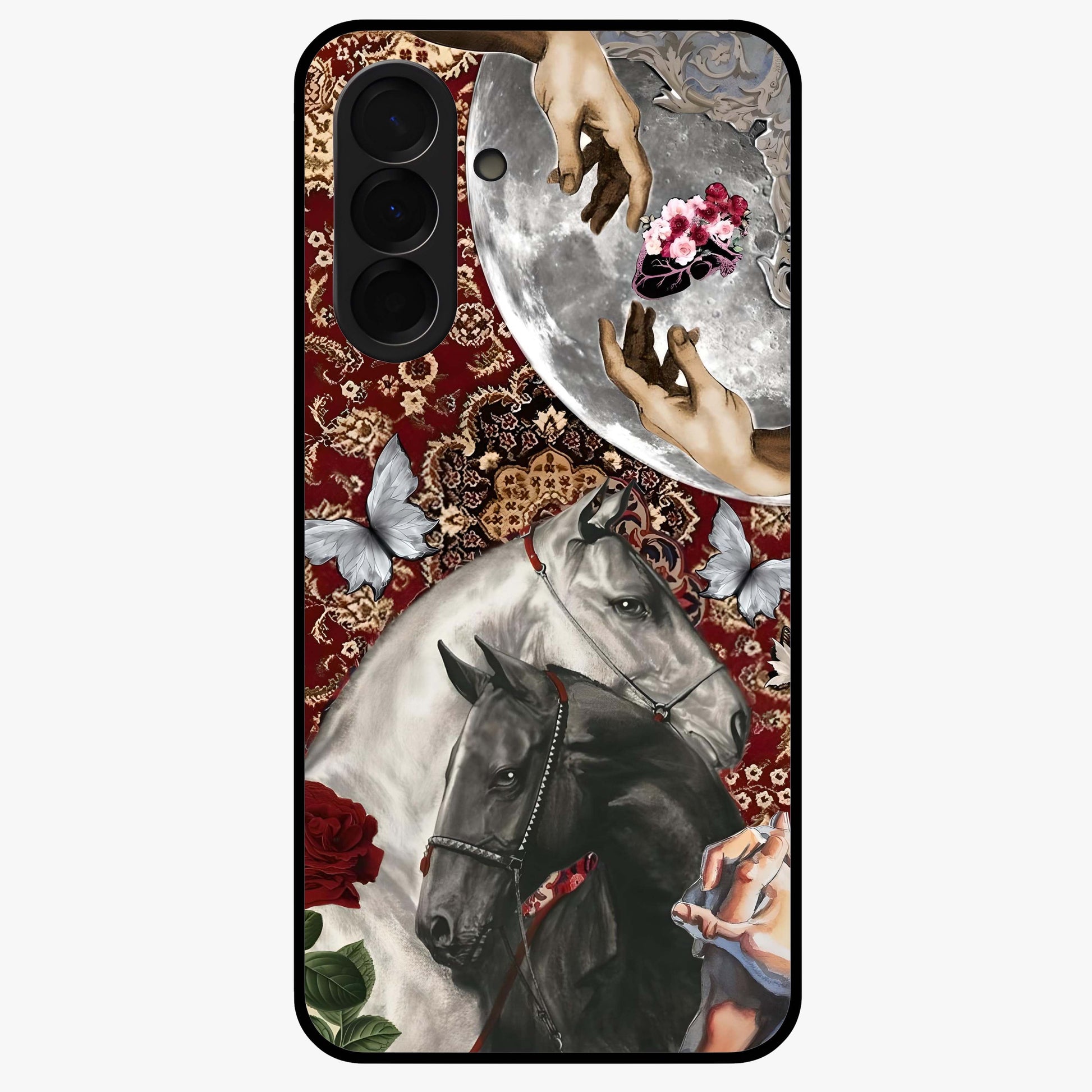 Moonlit Royal Stallion Glass Case showing flat back view with majestic horse under moonlight artwork and glossy glass finish.