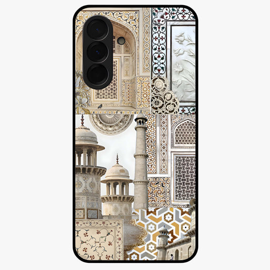 Mughal Marble Legacy Glass Case showing flat back view with intricate Mughal inspired marble pattern and glossy glass finish.