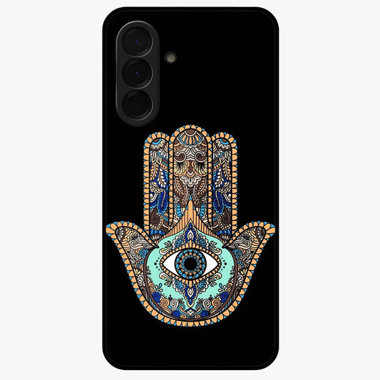 Mystic Hamsa Eye Glass Case showing flat back view with protective hamsa hand and evil eye artwork and glossy glass finish.