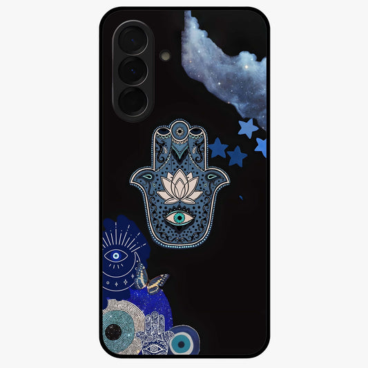 Mystic Hand Aura Glass Case showing flat back view with mystical hand symbol artwork and glossy glass finish.