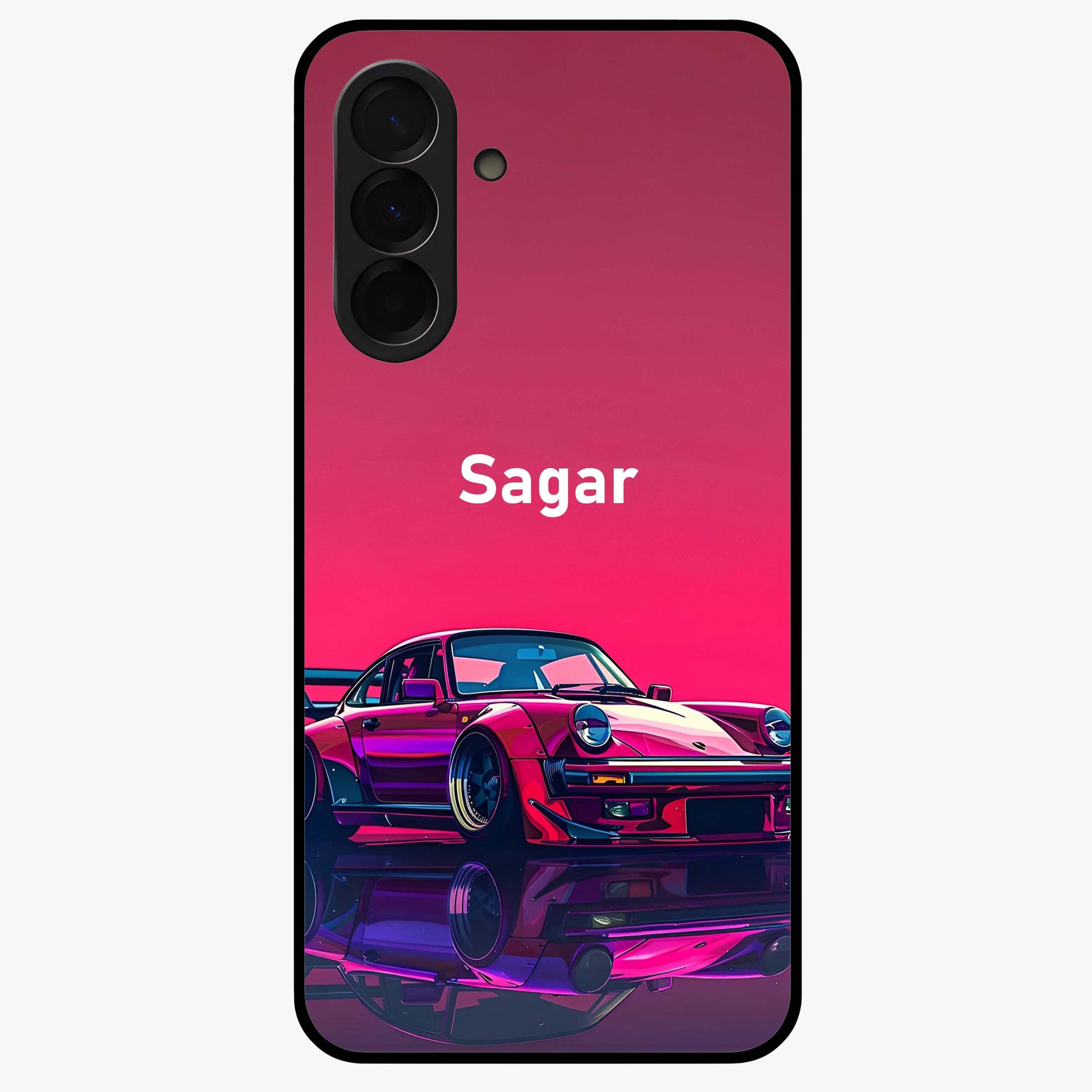 Neon Pink Porsche Glass Case showing flat back view with stylish sports car artwork and glossy glass finish.