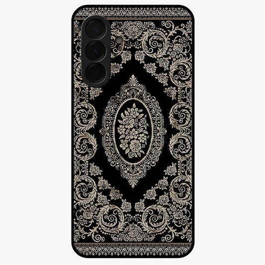 Noir Bloom Elegance Glass Case showing flat back view with elegant dark floral artwork and glossy glass finish.