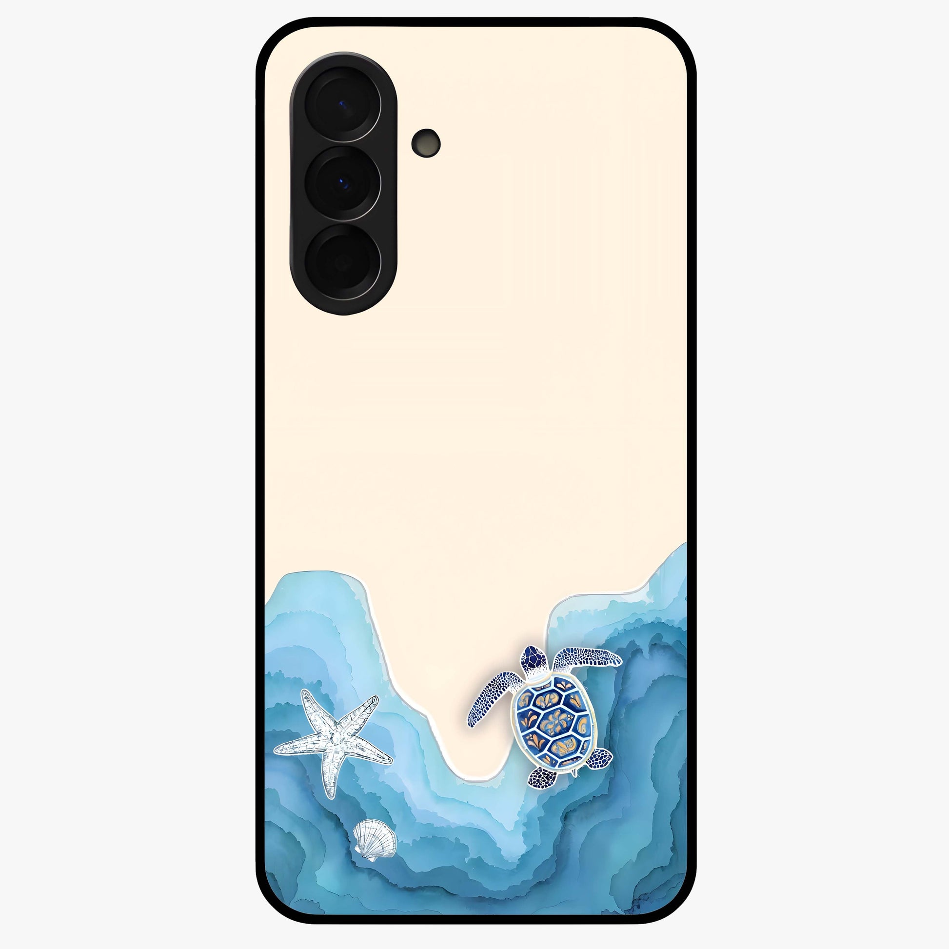 Ocean Drift Turtle Glass Case showing flat back view with sea turtle artwork and glossy glass finish.