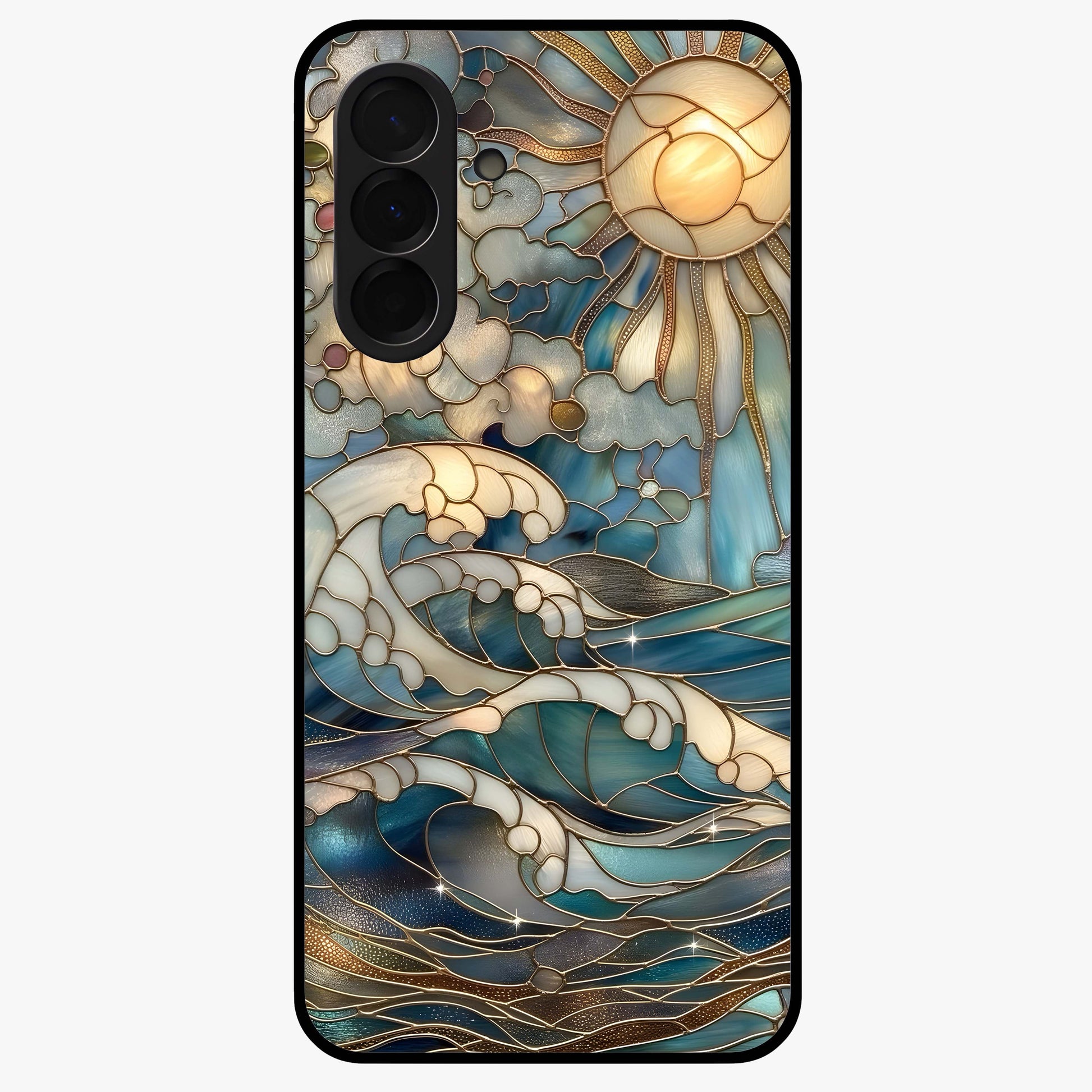 Oceanic Stained Printed Glass Case showing flat back view with ocean inspired stained pattern artwork and glossy glass finish.