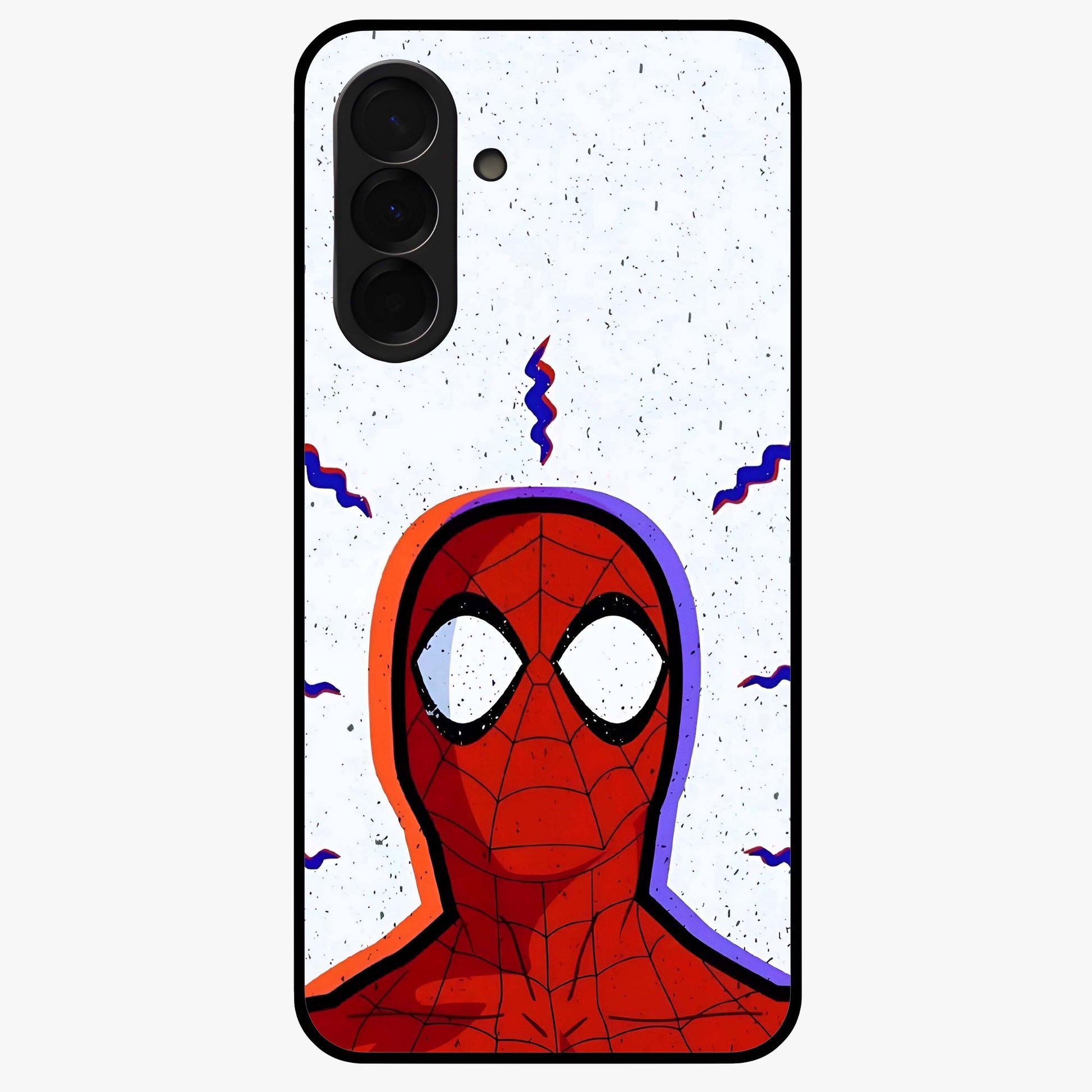 Omg Spiderman Glass Case showing flat back view with bold superhero inspired artwork and glossy glass finish.