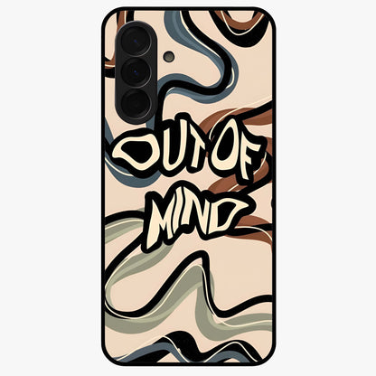 Out Of Mind Glass Case showing flat back view with expressive typography artwork and glossy glass finish.