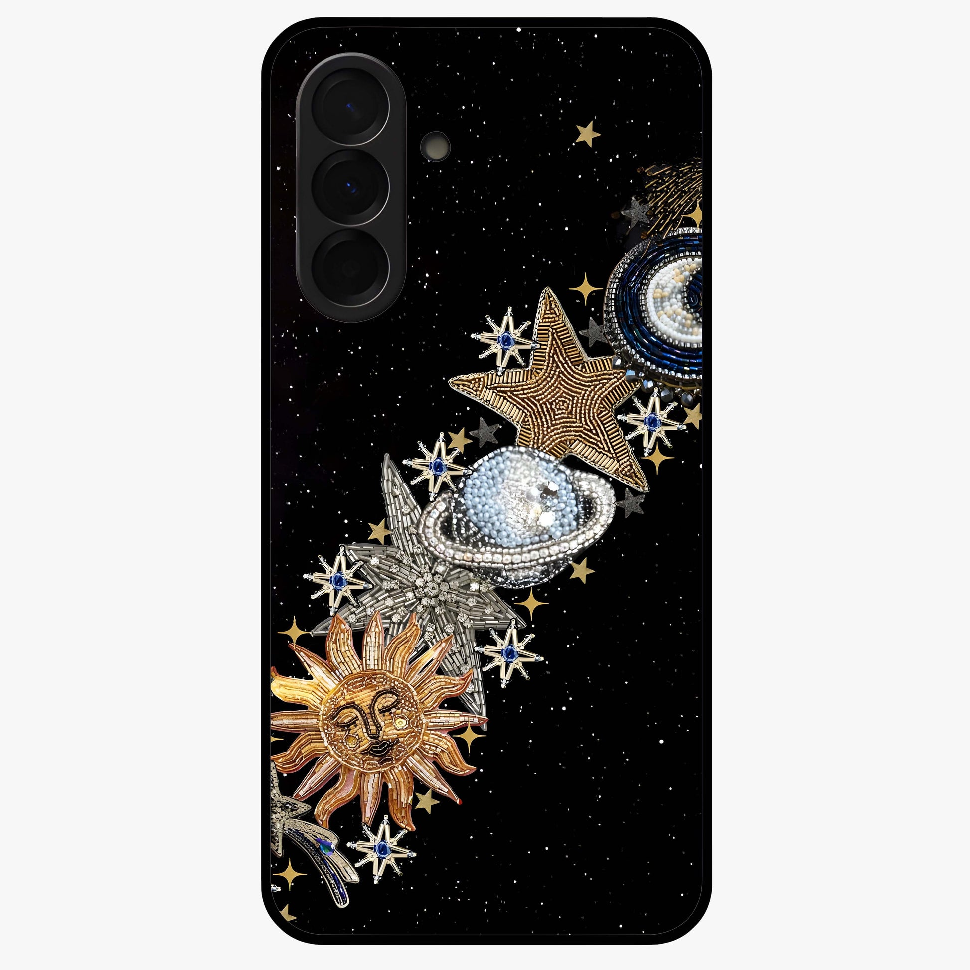 Pearls Universe Object Glass Case showing flat back view with pearl inspired cosmic artwork and glossy glass finish.