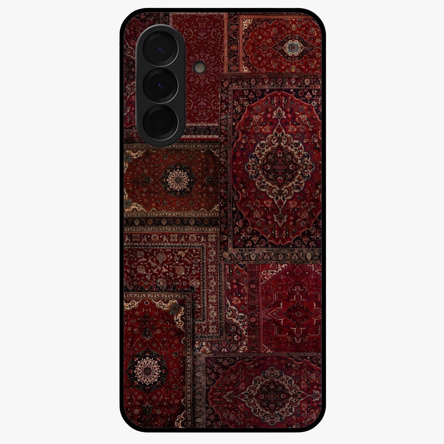 Persian Velvet Tale Glass Case showing flat back view with luxurious Persian velvet pattern artwork and glossy glass finish.
