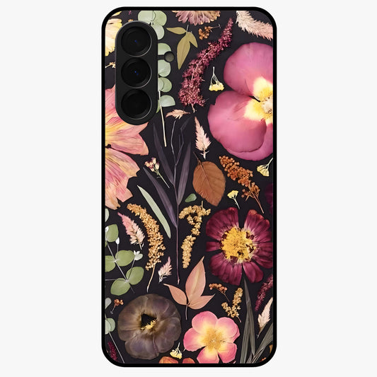 Petal Dream Tapestry Glass Case showing flat back view with intricate floral tapestry artwork and glossy glass finish.