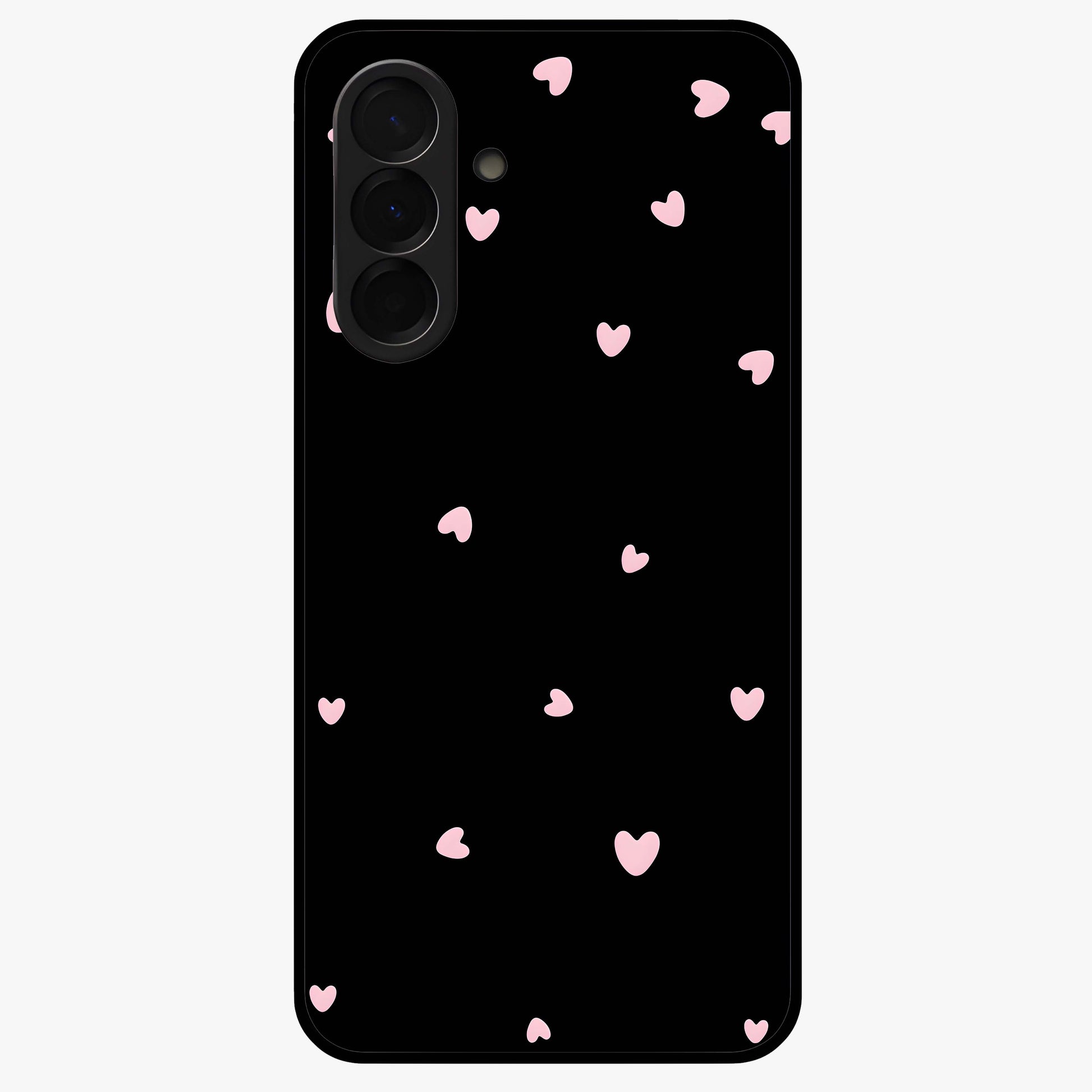 Pink Love Drops Glass Case showing flat back view with playful pink heart drops artwork and glossy glass finish.