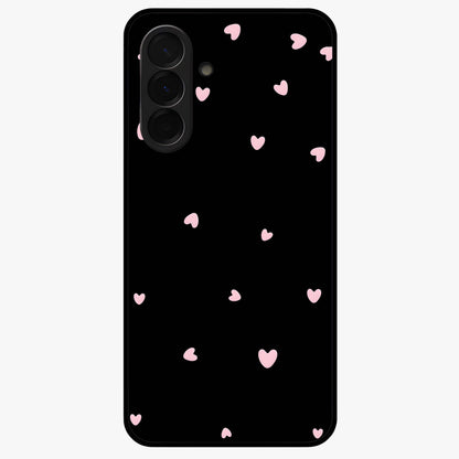 Pink Love Drops Glass Case showing flat back view with playful pink heart drops artwork and glossy glass finish.