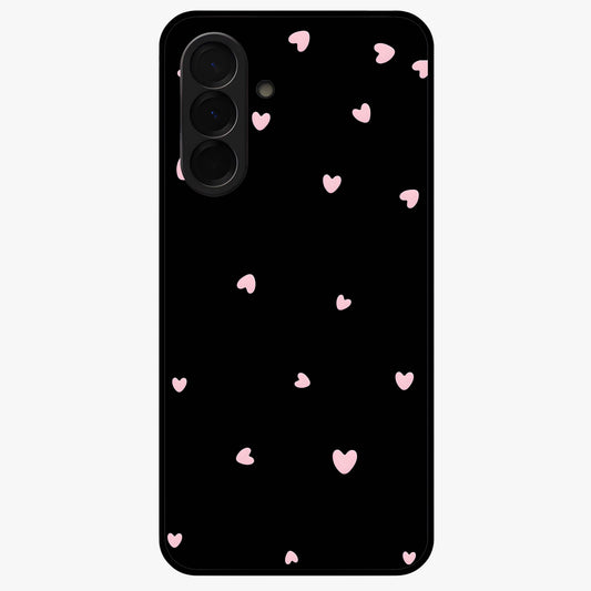 Pink Love Drops Glass Case showing flat back view with playful pink heart drops artwork and glossy glass finish.
