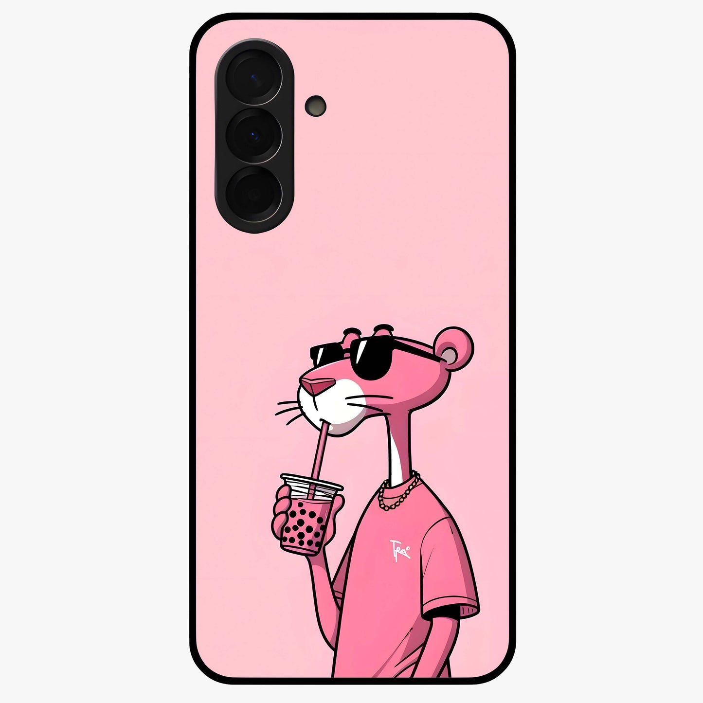 Pink Panther Glass Case showing flat back view with iconic pink panther artwork and glossy glass finish.