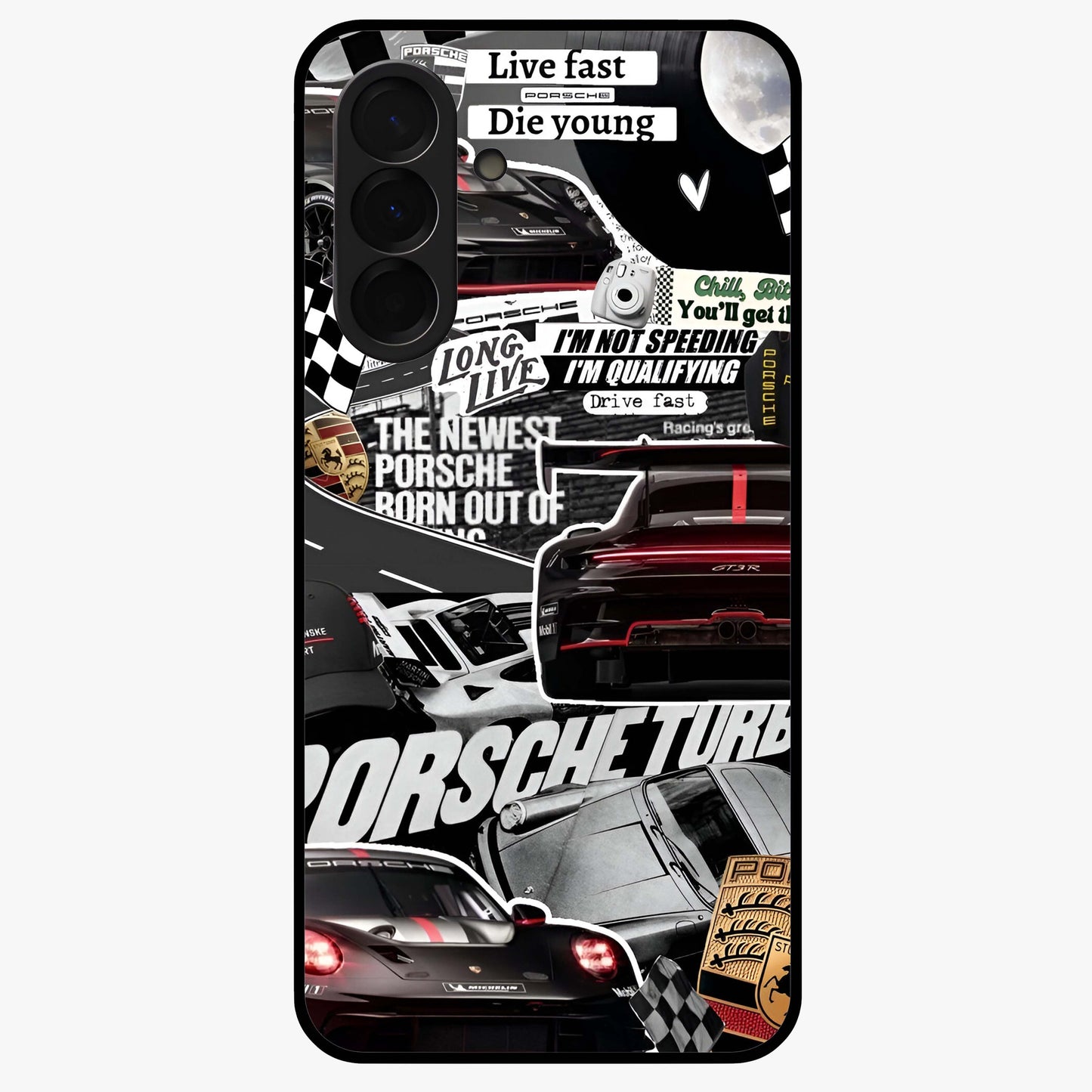 Porsche Racing Collage Glass Case showing flat back view with sports car racing collage artwork and glossy glass finish.