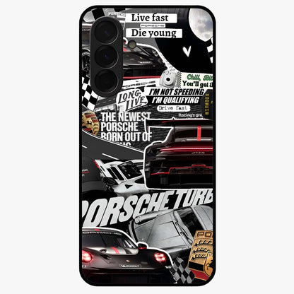 Porsche Racing Collage Glass Case showing flat back view with sports car racing collage artwork and glossy glass finish.