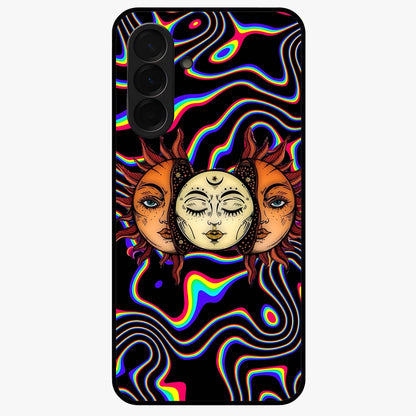 Psychedelic Sun Glass Case showing flat back view with colorful psychedelic sun artwork and glossy glass finish.