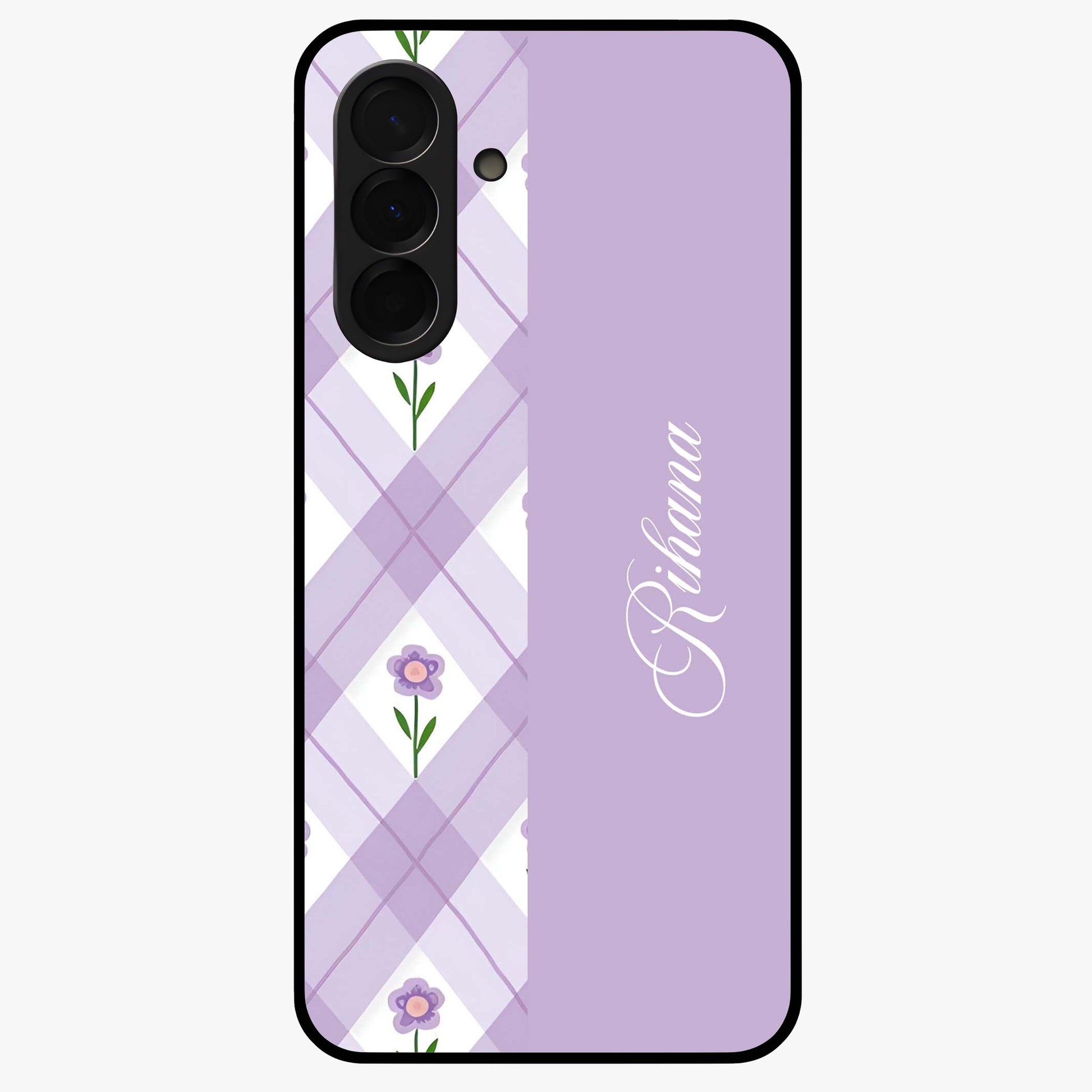 Purple Diamond Floral Glass Case showing flat back view with diamond shaped floral artwork and glossy glass finish.